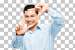 PNG of an asian businessman framing his face using his fingers