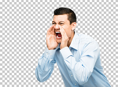 Buy stock photo Asian man shouting, hands on mouth and isolated on transparent png background with danger and stress. Screaming, warning and frustrated businessman yelling in anger or frustration with work pressure.