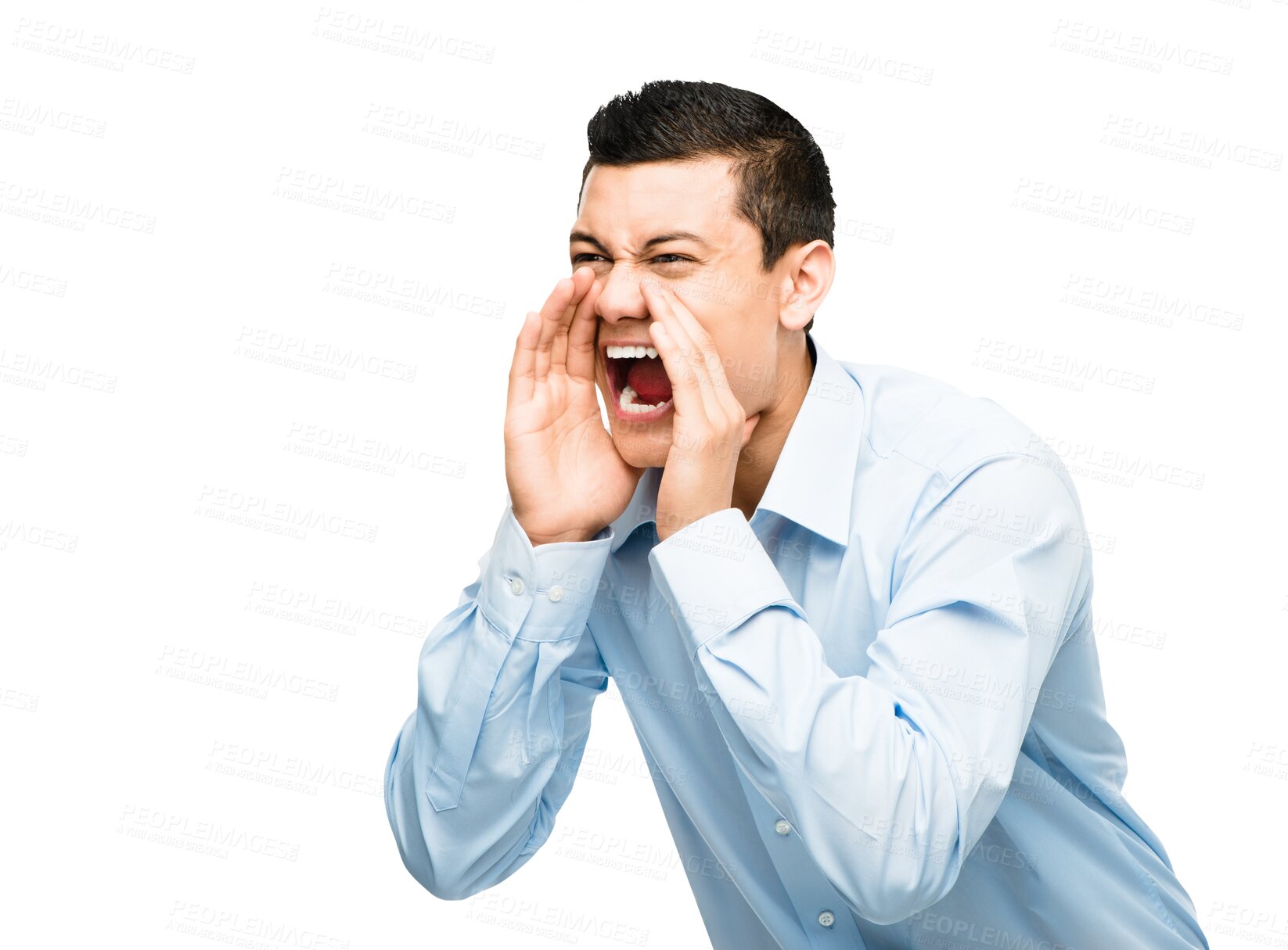 Buy stock photo Asian man shouting, hands on mouth and isolated on transparent png background with danger and stress. Screaming, warning and frustrated businessman yelling in anger or frustration with work pressure.