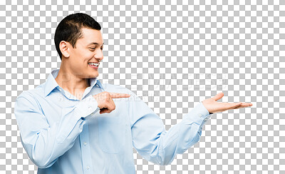 Buy stock photo Smile, announcement and happy Asian man pointing at offer, isolated on transparent png background. Promotion, information and business person showing deal space with hand gesture and excited smile.