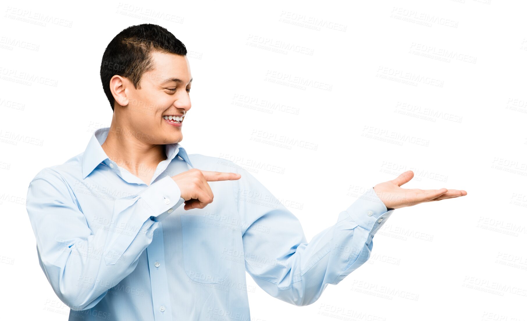 Buy stock photo Smile, announcement and happy Asian man pointing at offer, isolated on transparent png background. Promotion, information and business person showing deal space with hand gesture and excited smile.