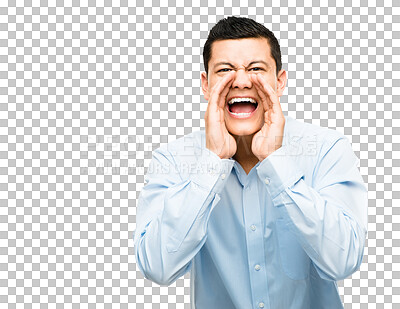 Buy stock photo Portrait of Asian man shouting, hands on mouth and isolated on transparent png background, danger warning and stress. Screaming, angry and frustrated businessman yelling in anger with work pressure.