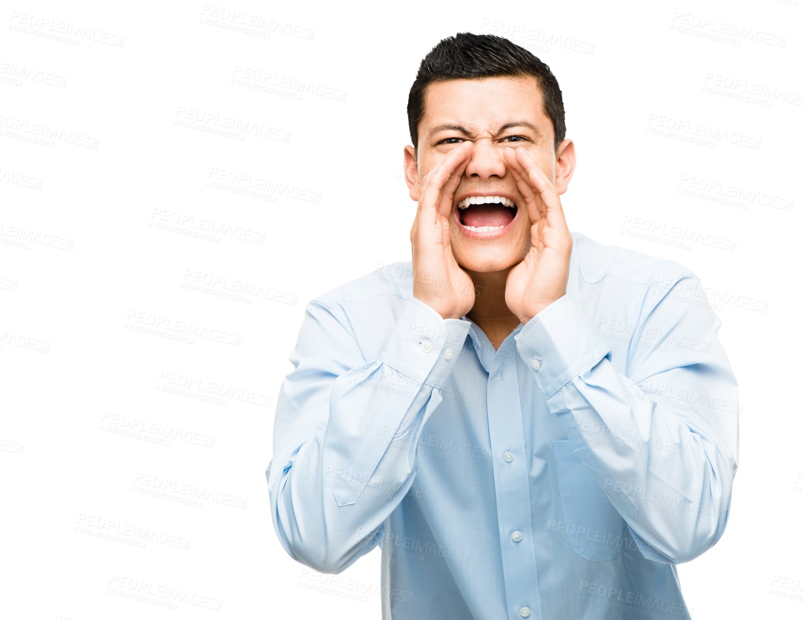 Buy stock photo Portrait of Asian man shouting, hands on mouth and isolated on transparent png background, danger warning and stress. Screaming, angry and frustrated businessman yelling in anger with work pressure.