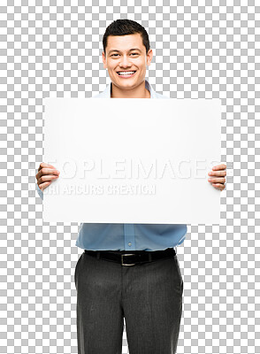 Buy stock photo Billboard, poster and portrait of business man on isolated, PNG and transparent background. Professional worker, marketing and happy male person with banner for branding, advertising and promotion