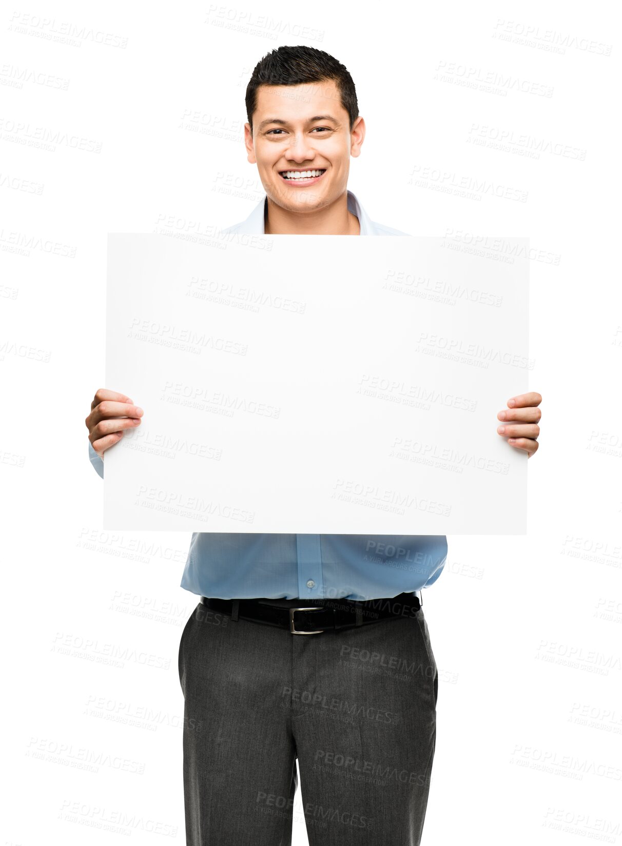 Buy stock photo Billboard, poster and portrait of business man on isolated, PNG and transparent background. Professional worker, marketing and happy male person with banner for branding, advertising and promotion