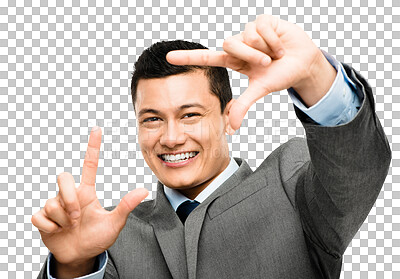 Buy stock photo Portrait, businessman and frame hand gesture for planning or ideas isolated on transparent png background. Smile, happy man in suit finger framing face and vision for creativity, focus or photography