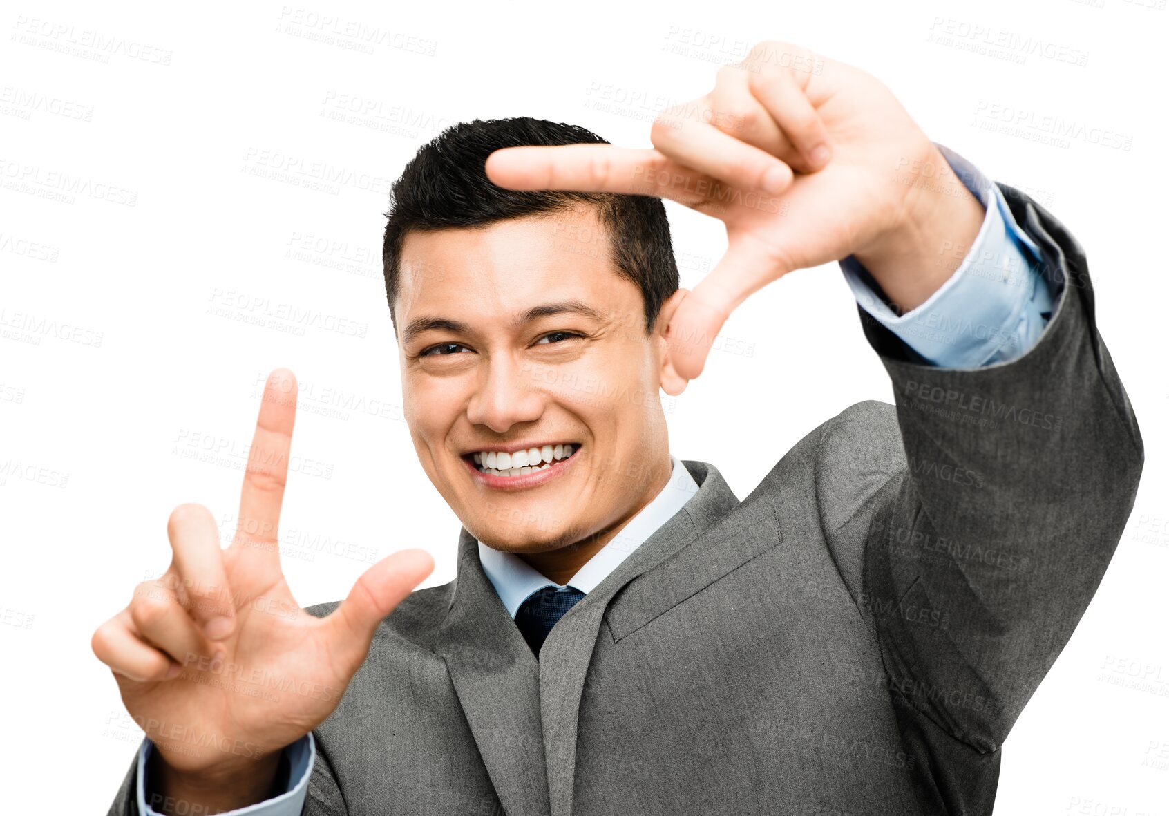 Buy stock photo Portrait, businessman and frame hand gesture for planning or ideas isolated on transparent png background. Smile, happy man in suit finger framing face and vision for creativity, focus or photography