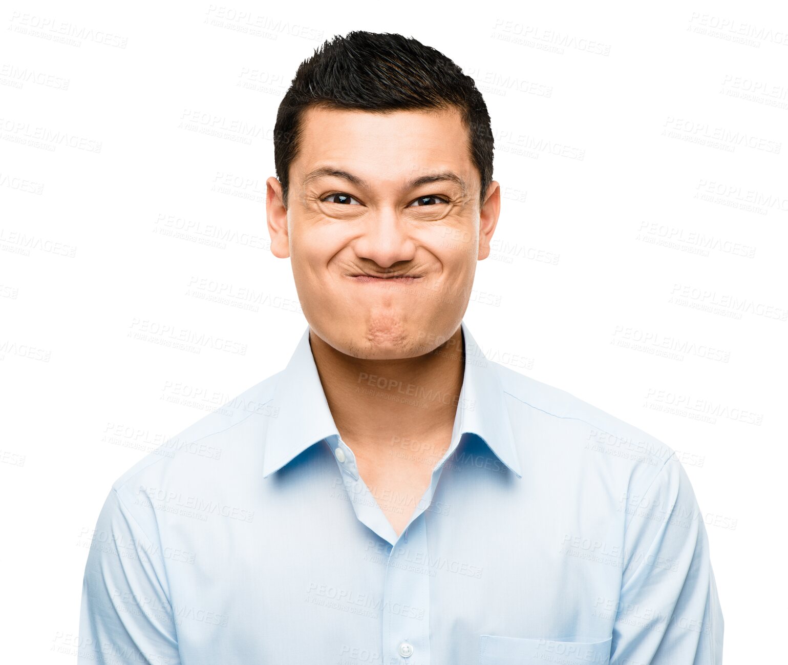 Buy stock photo Silly, funny and businessman with a goofy face expression for humor, comedy or comic joke. Crazy, fun and portrait of a playful professional Asian male model isolated by a transparent png background.
