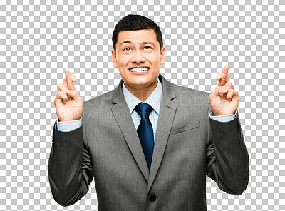 Buy stock photo Hope, fingers crossed and young businessman praying for miracle, emoji or career goal. Confident, smile and Asian male lawyer with wish or luck gesture isolated by a transparent png background.