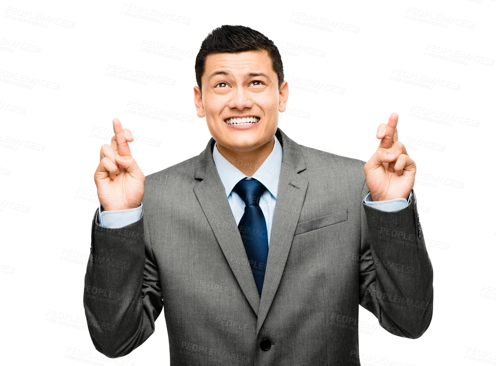 Buy stock photo Hope, fingers crossed and young businessman praying for miracle, emoji or career goal. Confident, smile and Asian male lawyer with wish or luck gesture isolated by a transparent png background.