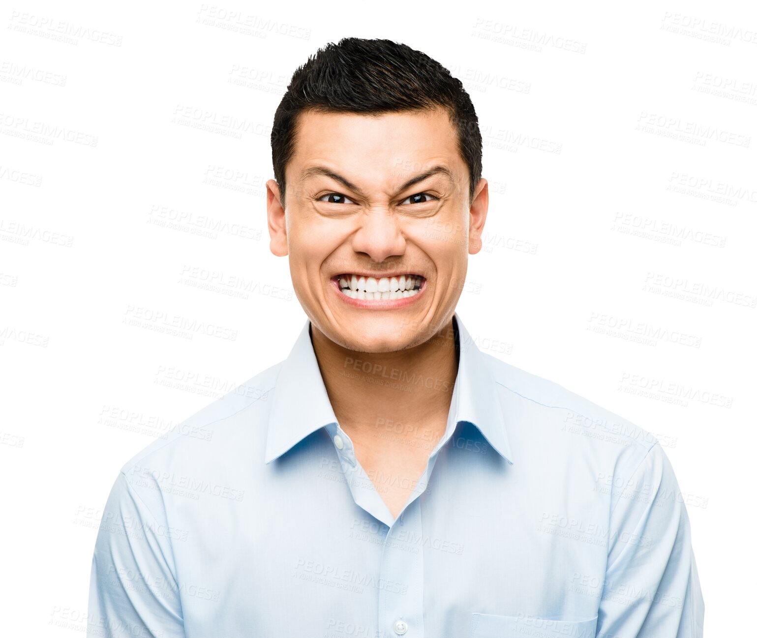 Buy stock photo Funny, teeth and businessman with a evil face expression for humor, comedy or comic joke. Crazy, silly and portrait of a playful professional Asian male model isolated by transparent png background.