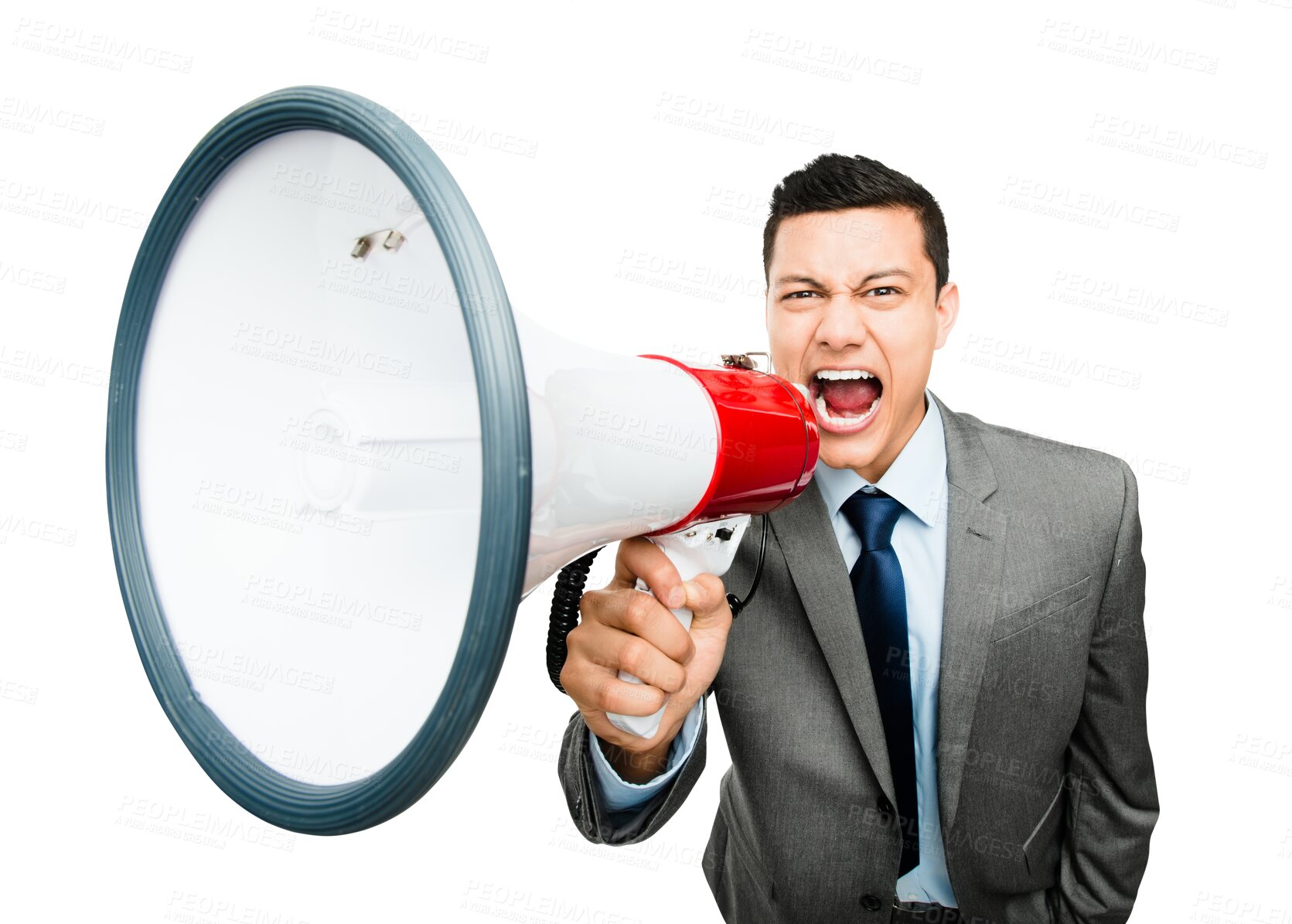 Buy stock photo Portrait of businessman, shouting announcement on megaphone isolated on transparent png background. Screaming, sound and excited Asian man in protest, bullhorn and voice for attention on load speaker
