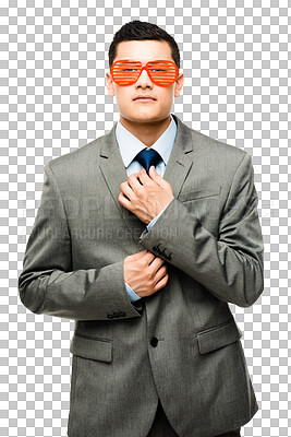 Buy stock photo Cool, sunglasses and portrait of a man in a suit with a trendy, funky or formal outfit with accessory. Fashion, edgy and Asian male model with elegant clothes isolated by a transparent png background