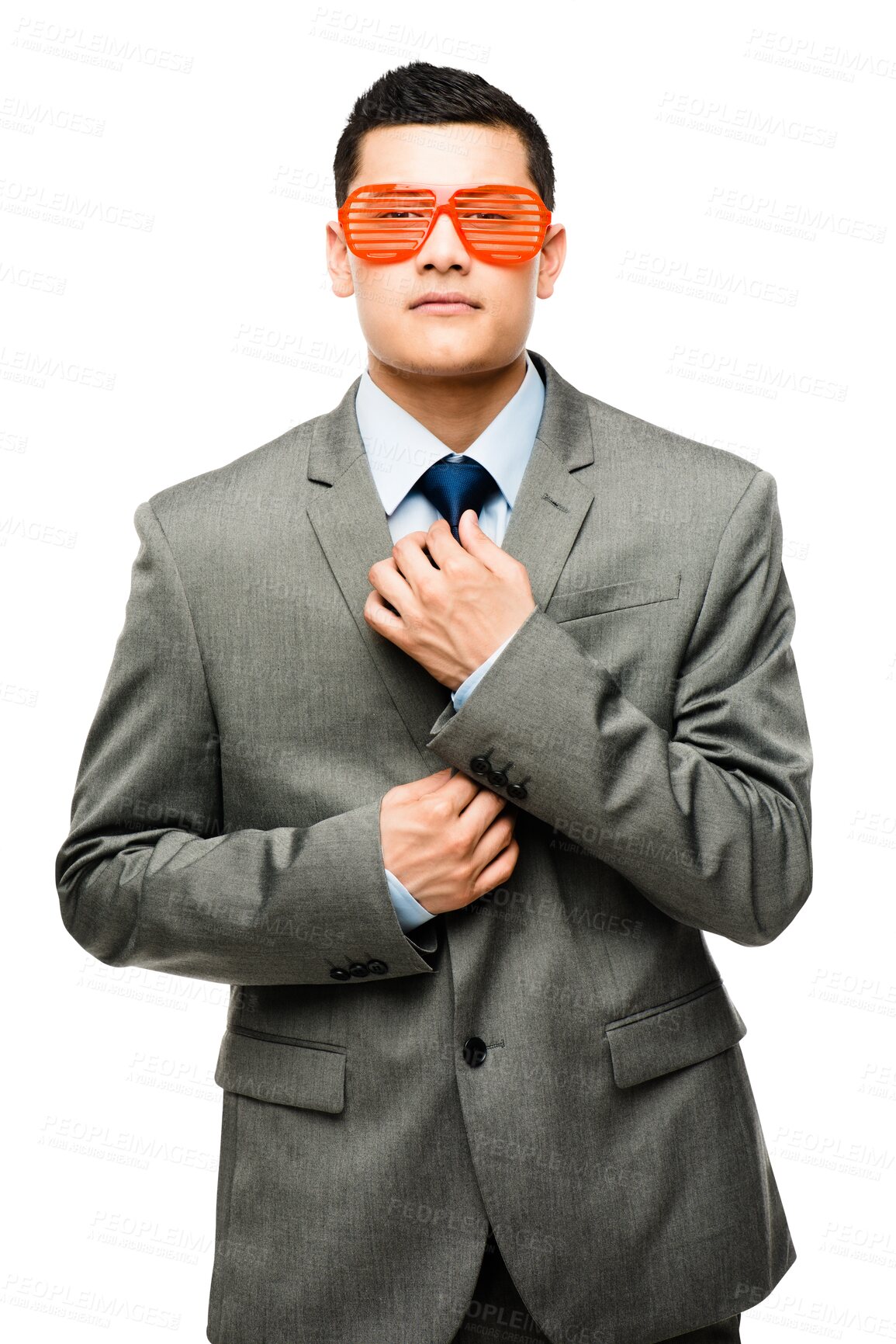 Buy stock photo Cool, sunglasses and portrait of a man in a suit with a trendy, funky or formal outfit with accessory. Fashion, edgy and Asian male model with elegant clothes isolated by a transparent png background