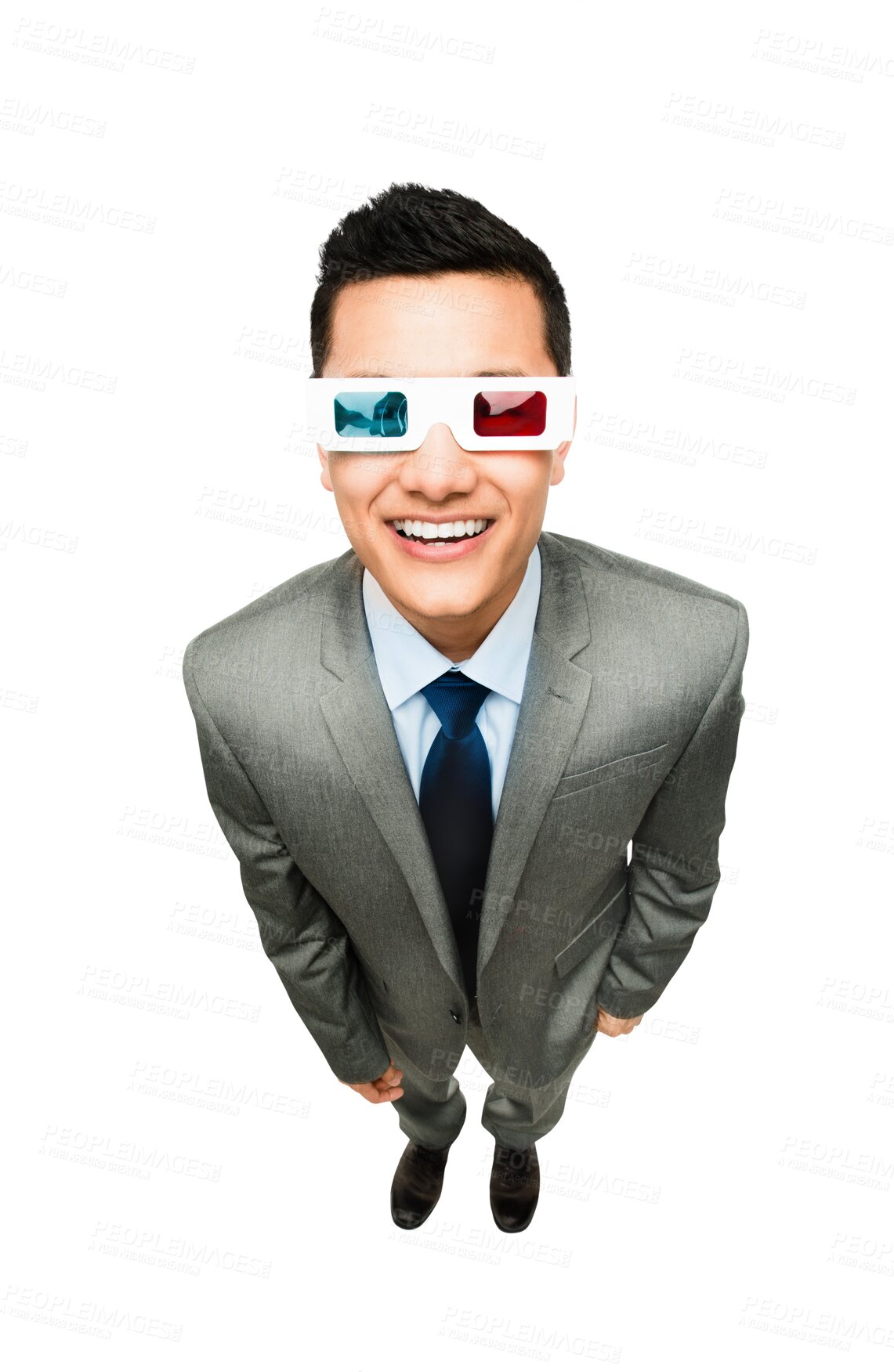 Buy stock photo 3d glasses, cinema and portrait of man excited with confidence, happiness and career. Happy, professional and  Asian male model with vr eyewear to watch movie isolated by transparent png background