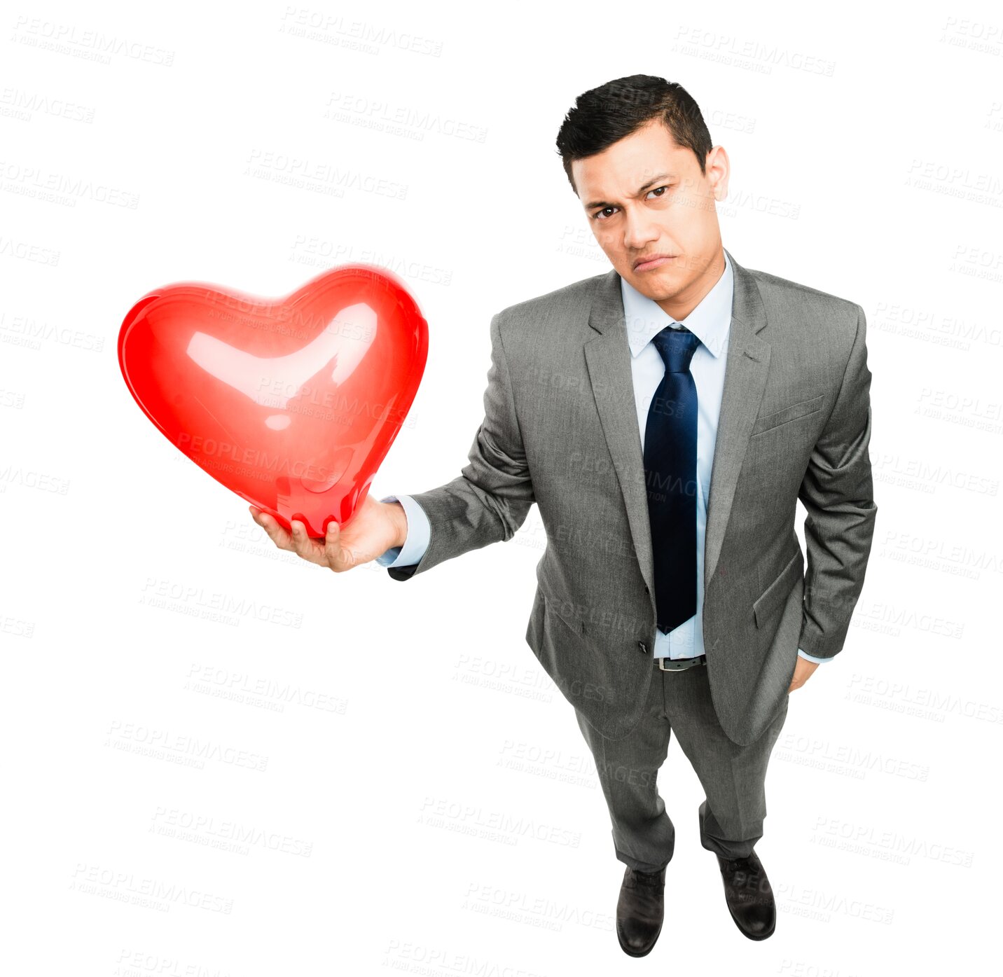 Buy stock photo Hate, man and valentines day heart present with upset, moody or disappointed facial expression. Disgust, mad and full body of Asian male person with love shape isolated by transparent png background.