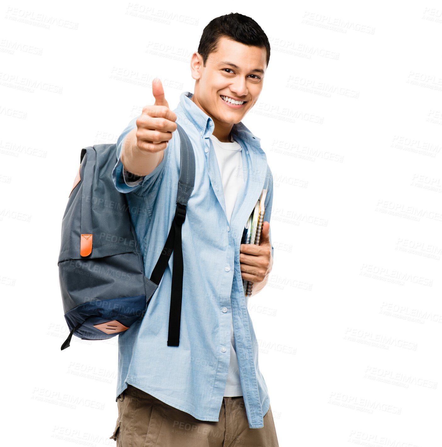 Buy stock photo Thumbs up, backpack and portrait of a male student with smile for success, agreement or achievement. Happiness, excited and Asian man with approval hand gesture isolated by transparent png background