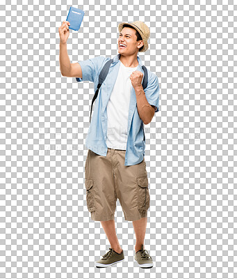 Buy stock photo Tourist, excited and man celebrate with passport on isolated, PNG and transparent background. Travelling, documents and happy male person with boarding pass for holiday, adventure and global vacation