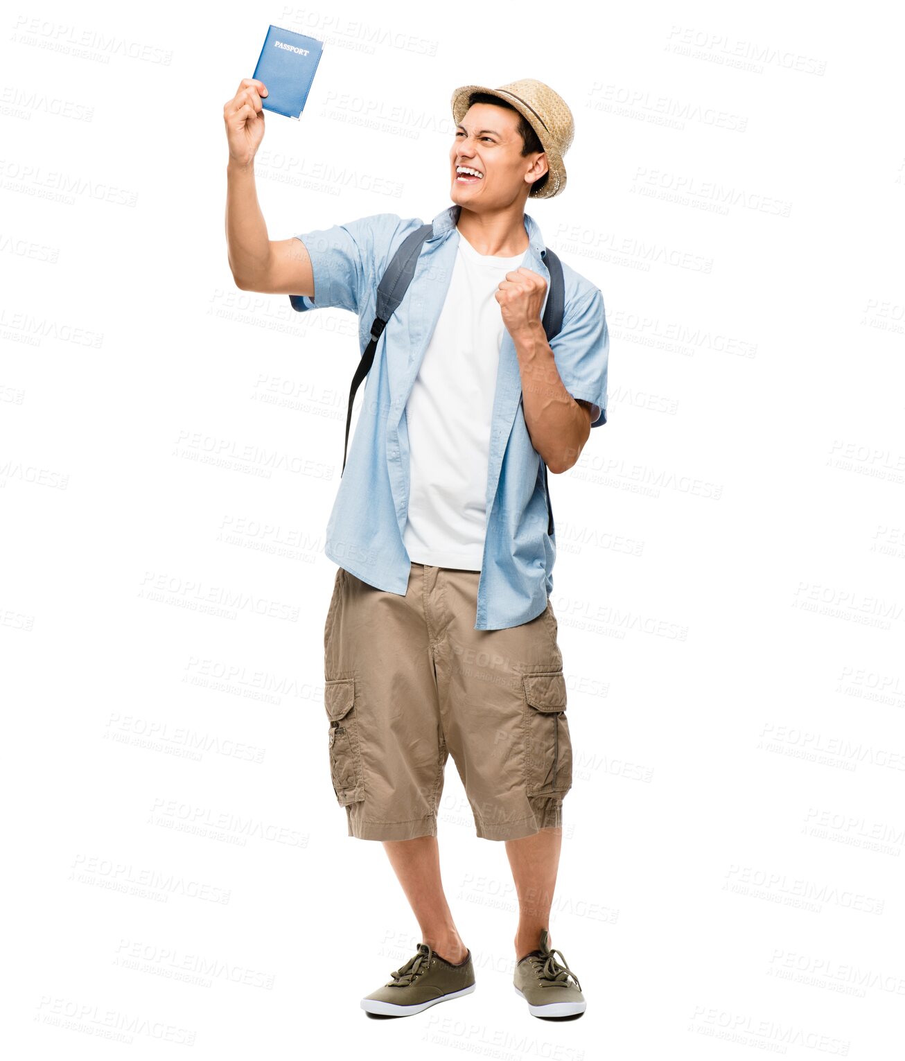 Buy stock photo Tourist, excited and man celebrate with passport on isolated, PNG and transparent background. Travelling, documents and happy male person with boarding pass for holiday, adventure and global vacation
