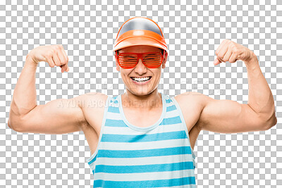 Buy stock photo Arm flex, happy man and portrait with summer clothing and smile with silly glasses. Young male person, show off and isolated on transparent, png background with casual fashion and style with fitness
