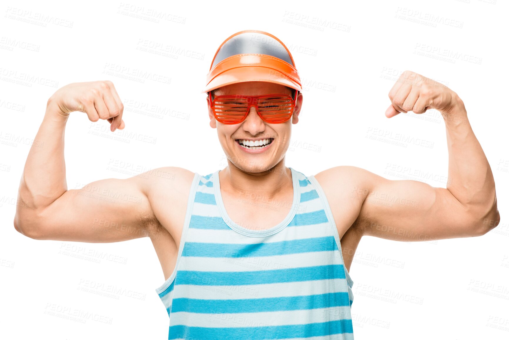 Buy stock photo Arm flex, happy man and portrait with summer clothing and smile with silly glasses. Young male person, show off and isolated on transparent, png background with casual fashion and style with fitness
