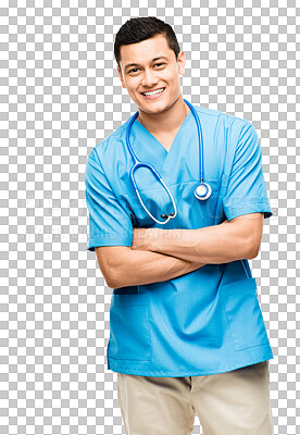 Buy stock photo Asian man, nurse and portrait with arms crossed and smile isolated on a transparent, png background. Healthcare, employee and happy worker with professional and medical success of a male person

