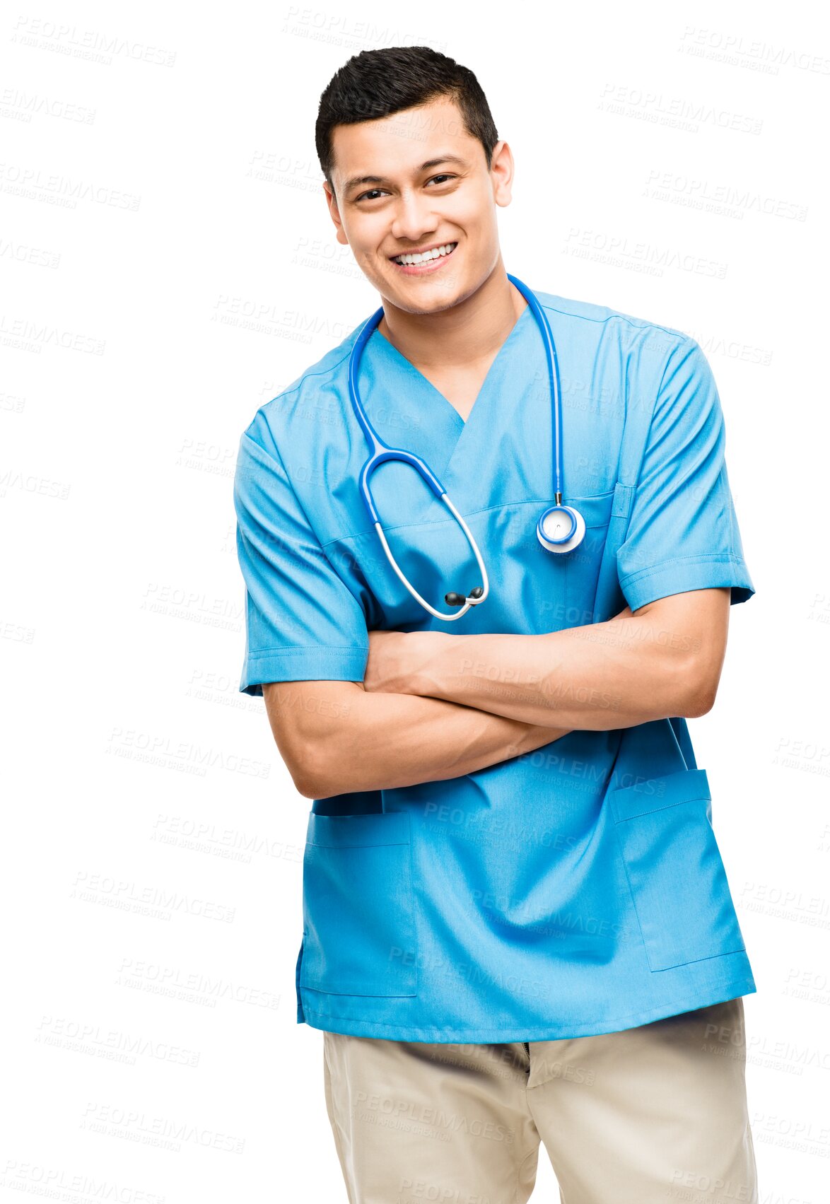 Buy stock photo Asian man, nurse and portrait with arms crossed and smile isolated on a transparent, png background. Healthcare, employee and happy worker with professional and medical success of a male person
