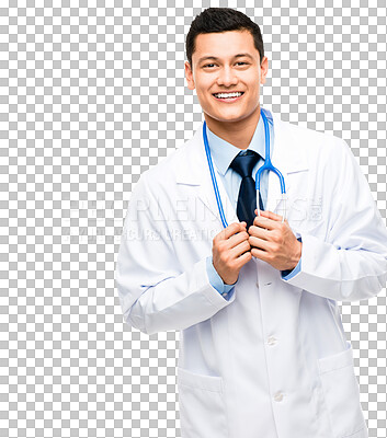 Buy stock photo Portrait, doctor or happy man smiling with confidence isolated on transparent png background. Face, professional consultant or confident medical worker with smile or stethoscope for wellness