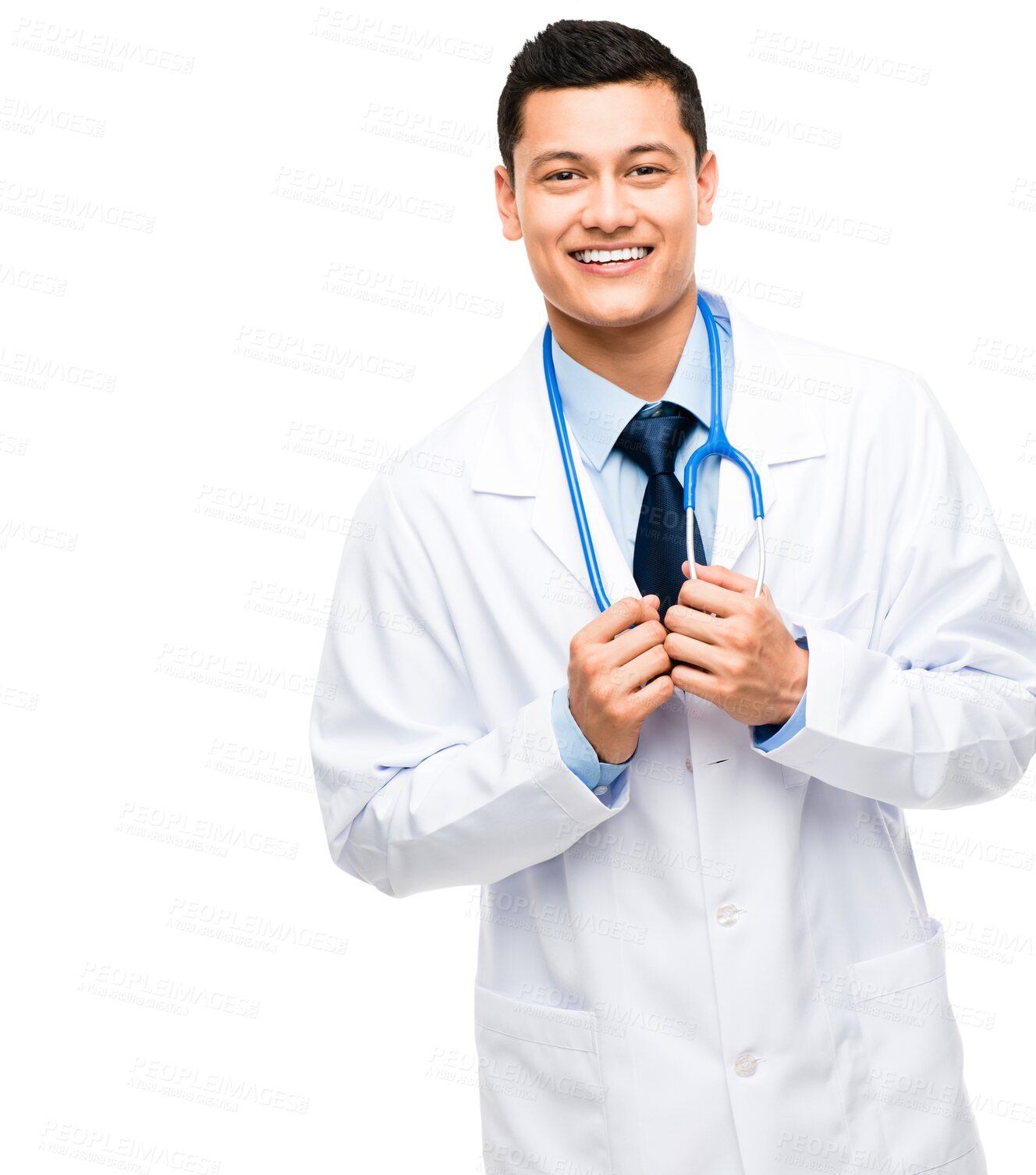 Buy stock photo Portrait, doctor or happy man smiling with confidence isolated on transparent png background. Face, professional consultant or confident medical worker with smile or stethoscope for wellness