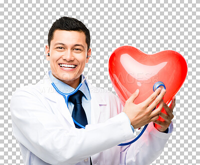 Buy stock photo Portrait, doctor or happy man with heart health or red balloon isolated on transparent png background. Face, cardiac or confident medical worker with smile or stethoscope to check cardiology wellness