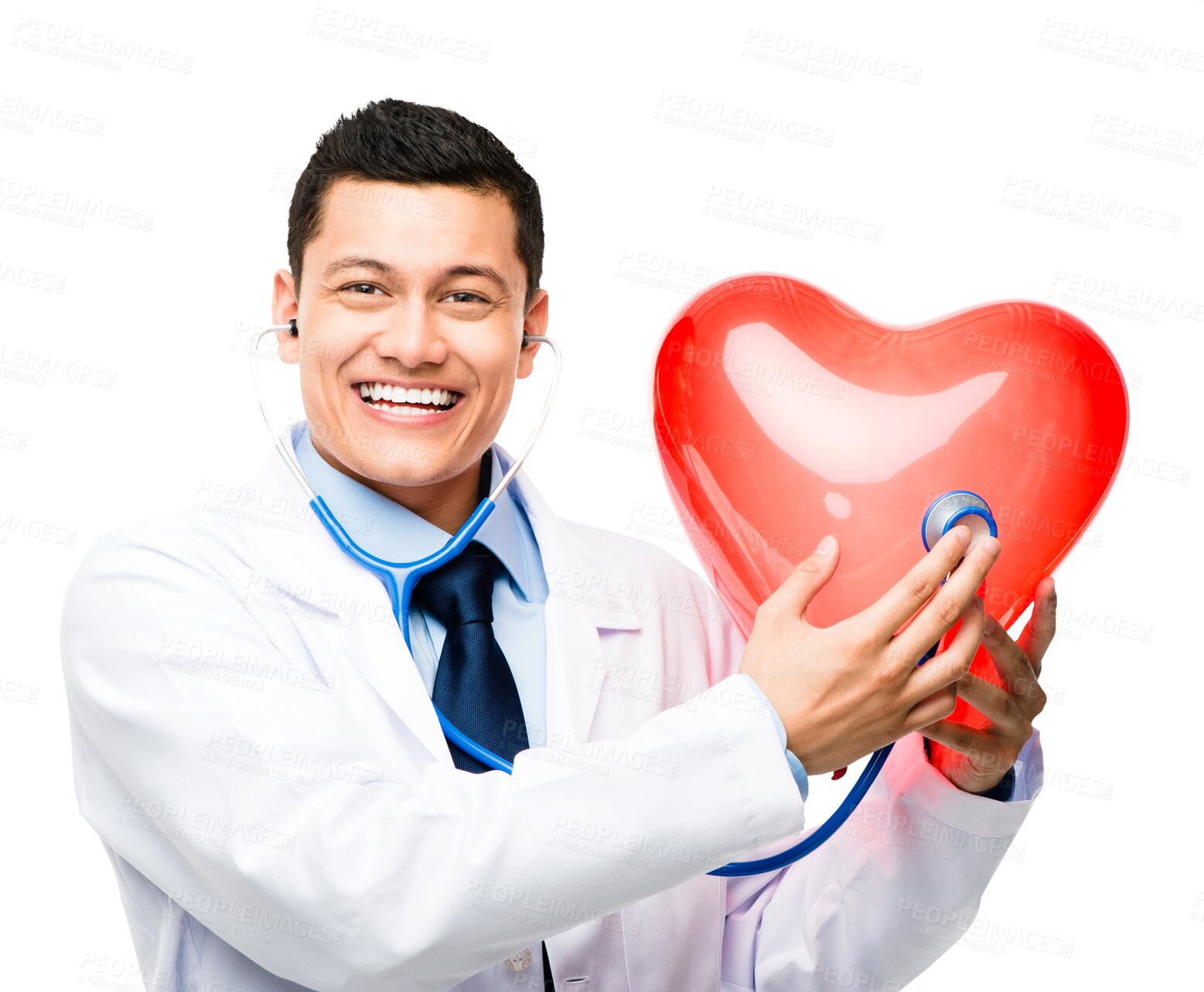 Buy stock photo Portrait, doctor or happy man with heart health or red balloon isolated on transparent png background. Face, cardiac or confident medical worker with smile or stethoscope to check cardiology wellness