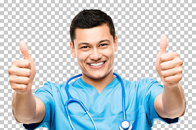 Buy stock photo Thumbs up, surgeon or portrait of a happy man with a smile for success, agreement or like sign. Good service, approve or excited doctor with okay hand gesture isolated on transparent png background