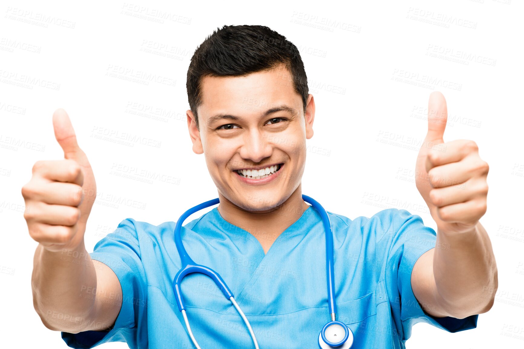 Buy stock photo Thumbs up, surgeon or portrait of a happy man with a smile for success, agreement or like sign. Good service, approve or excited doctor with okay hand gesture isolated on transparent png background
