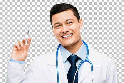 Buy stock photo Portrait, doctor or happy man with vaccine, needle or injection isolated on transparent png background. Face, healthcare medicine syringe or medical worker with vaccination for a virus protection