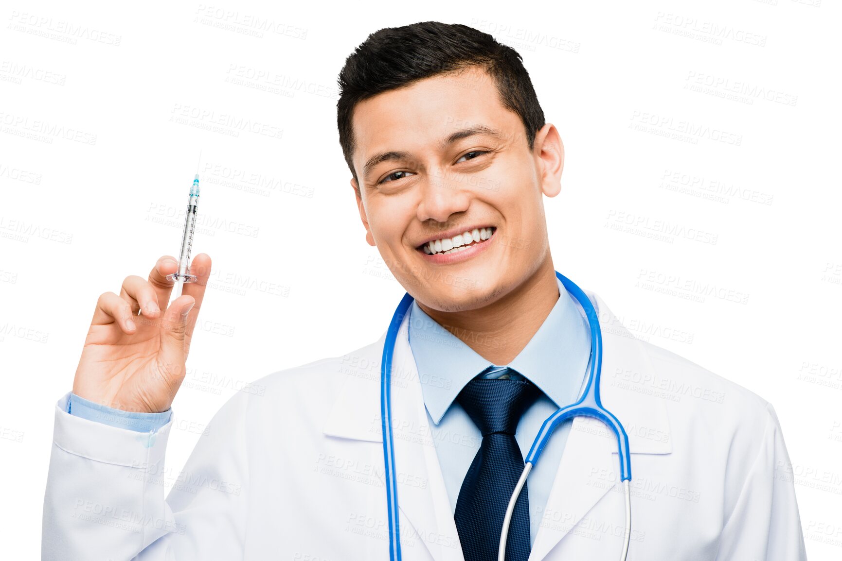 Buy stock photo Portrait, doctor or happy man with vaccine, needle or injection isolated on transparent png background. Face, healthcare medicine syringe or medical worker with vaccination for a virus protection