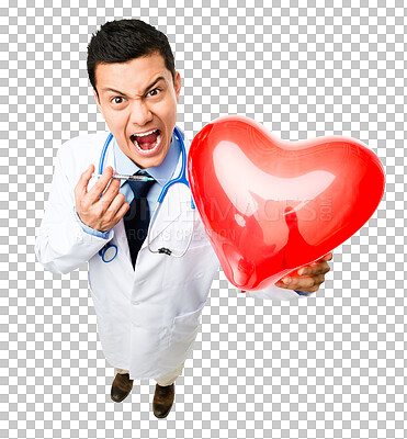 Buy stock photo Angry, syringe and portrait of doctor with heart on isolated, PNG and transparent background. Healthcare, medical and crazy man health worker with balloon for cardiology service, exam and injection