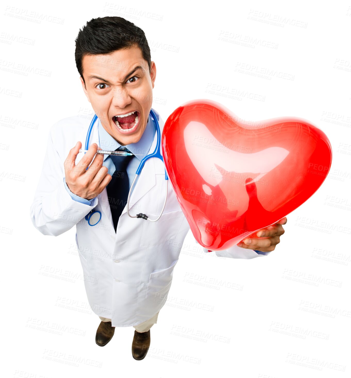 Buy stock photo Angry, syringe and portrait of doctor with heart on isolated, PNG and transparent background. Healthcare, medical and crazy man health worker with balloon for cardiology service, exam and injection