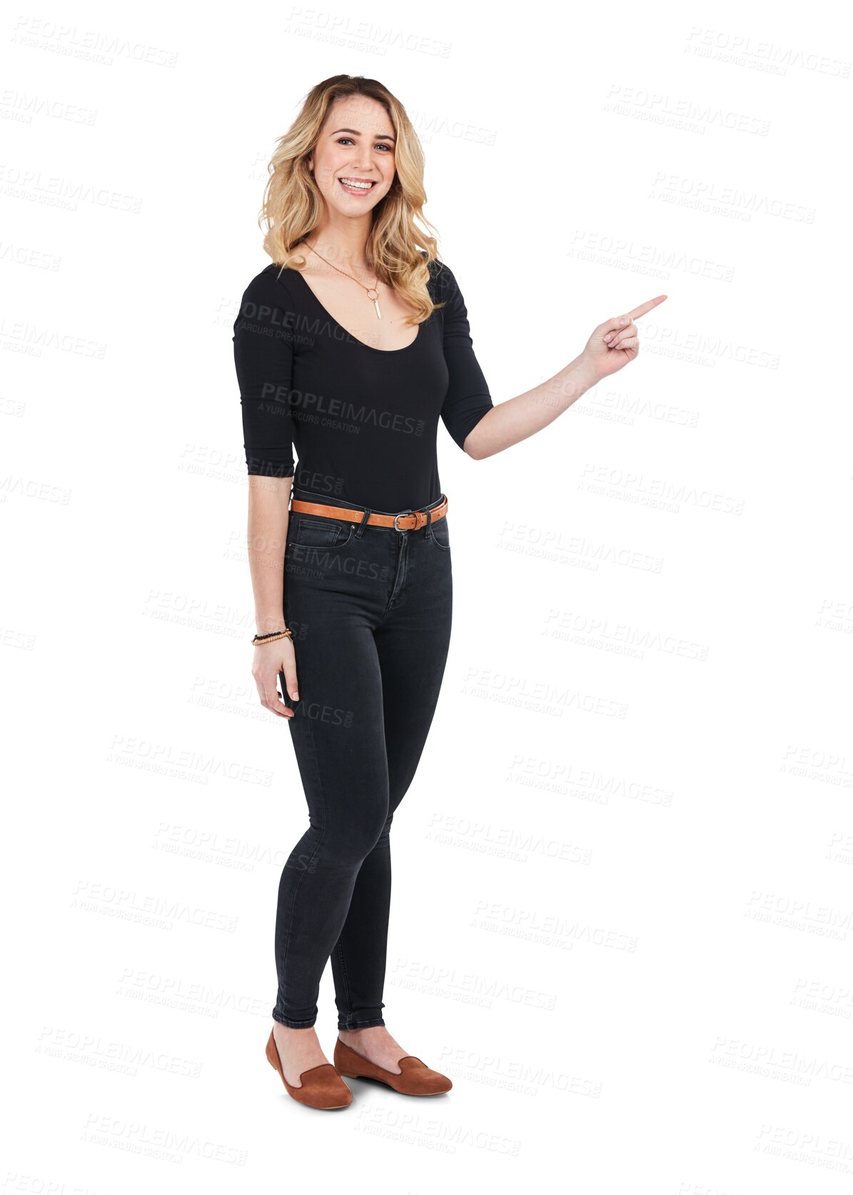 Buy stock photo Pointing, happy and portrait of woman with smile on isolated, PNG and transparent background. Advertising, marketing and female person with hand gesture for announcement, branding and promotion