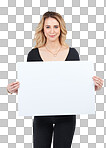 PNG Studio shot of a young woman holding up a sign with blank copyspace