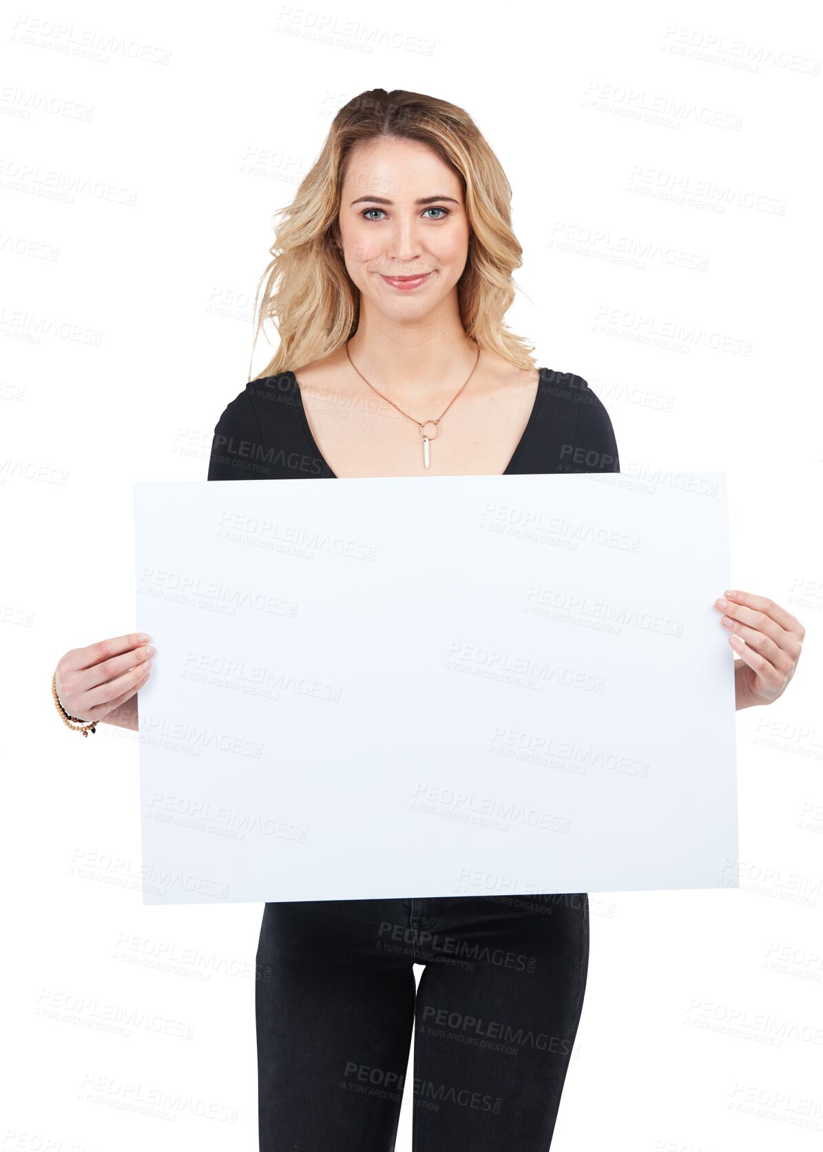 Buy stock photo Portrait of woman with mockup on poster for advertising, marketing and product placement. Girl with mock up space on cardboard for brand or logo advertisement isolated on transparent png background