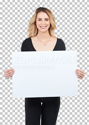 Buy stock photo Portrait of happy woman with mockup on poster for advertising, marketing and product placement. Girl smiling with space on cardboard for logo advertisement isolated on transparent png background