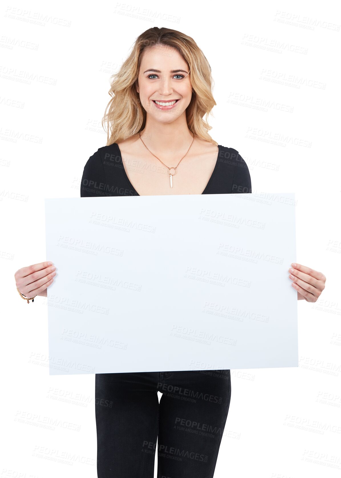 Buy stock photo Portrait of happy woman with mockup on poster for advertising, marketing and product placement. Girl smiling with space on cardboard for logo advertisement isolated on transparent png background