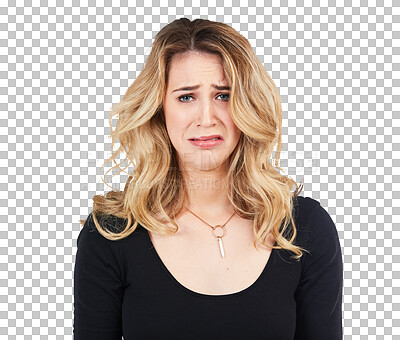 Buy stock photo Depressed, stress or face of sad woman crying with depression with bipolar, burnout or anxiety. Fear, scared or anxious girl frustrated by crisis problems isolated on transparent png background
