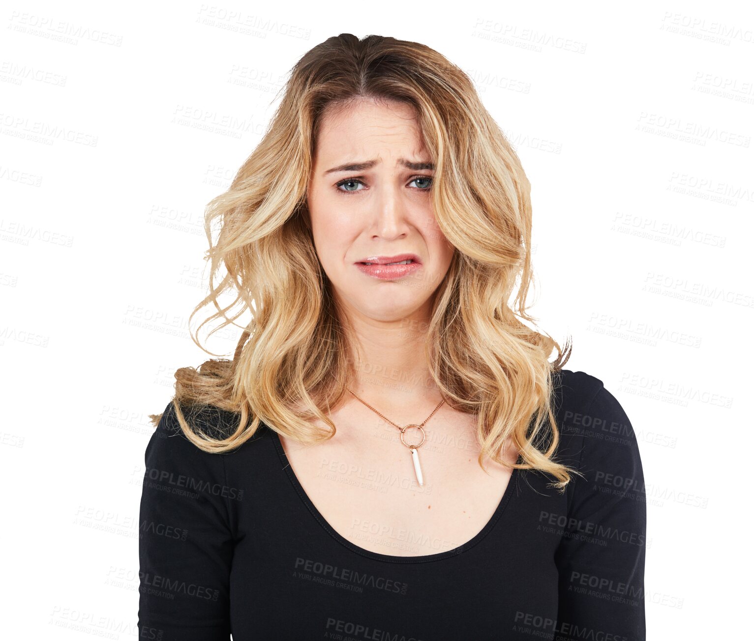 Buy stock photo Depressed, stress or face of sad woman crying with depression with bipolar, burnout or anxiety. Fear, scared or anxious girl frustrated by crisis problems isolated on transparent png background
