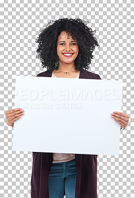 Buy stock photo Portrait of happy woman with mockup on board for advertising, marketing and product placement. Biracial girl smiling with space on poster for logo advertisement isolated on transparent png background