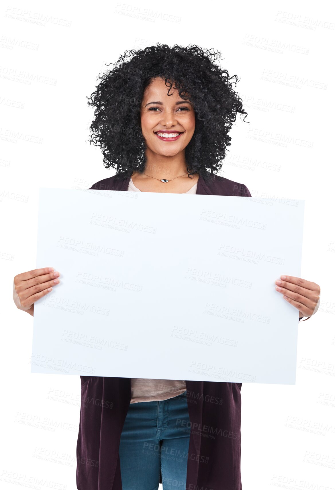 Buy stock photo Portrait of happy woman with mockup on board for advertising, marketing and product placement. Biracial girl smiling with space on poster for logo advertisement isolated on transparent png background