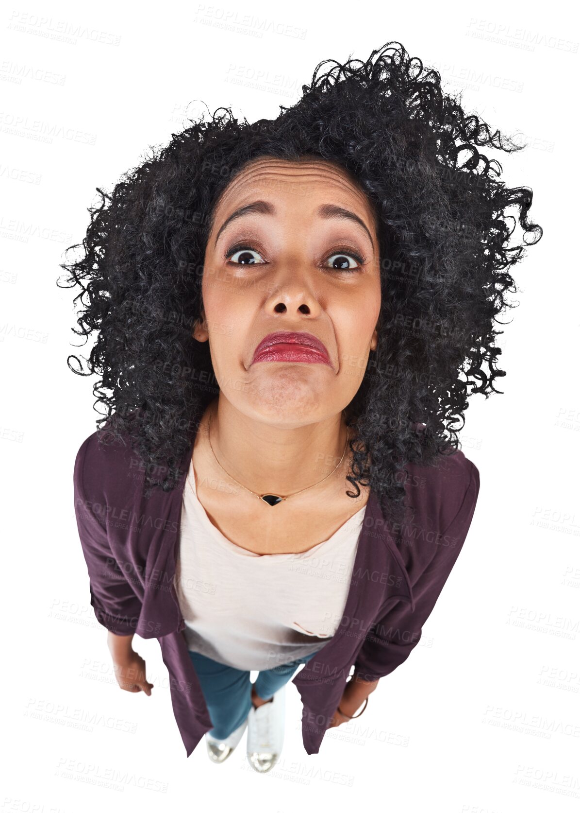 Buy stock photo High angle, sad portrait and woman isolated on transparent png background with crisis, anger and frustration. Sadness, angry and face of latino model with afro, casual fashion and upset from above.