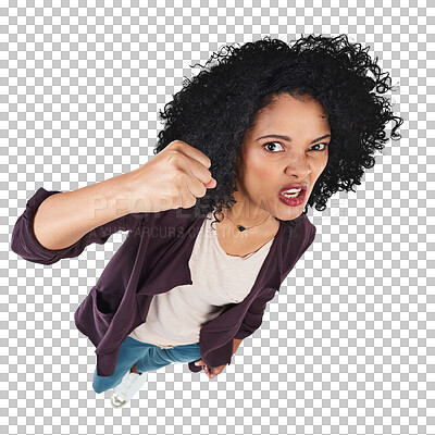 Buy stock photo Hands, fist and portrait of angry woman with fight sign on isolated, transparent and png background. Warning, emoji and face of female person with protest icon, gesture and threat or body language 