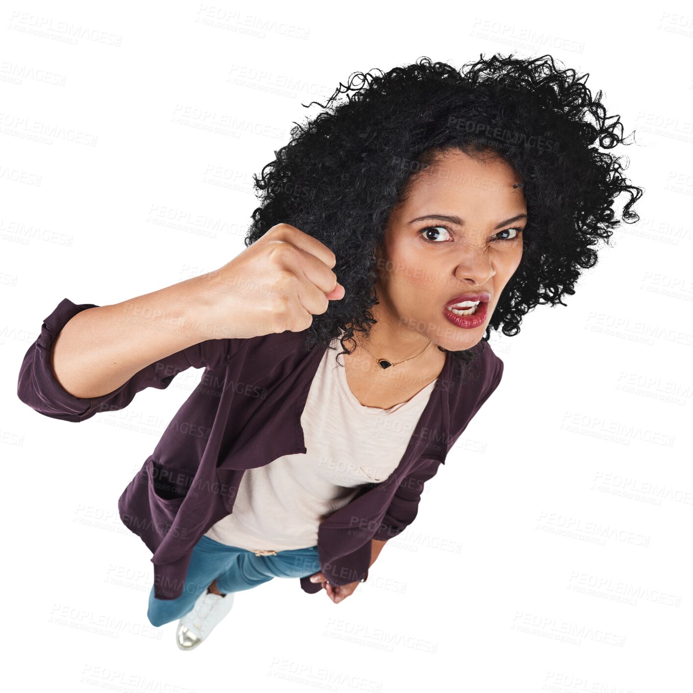 Buy stock photo Hands, fist and portrait of angry woman with fight sign on isolated, transparent and png background. Warning, emoji and face of female person with protest icon, gesture and threat or body language 