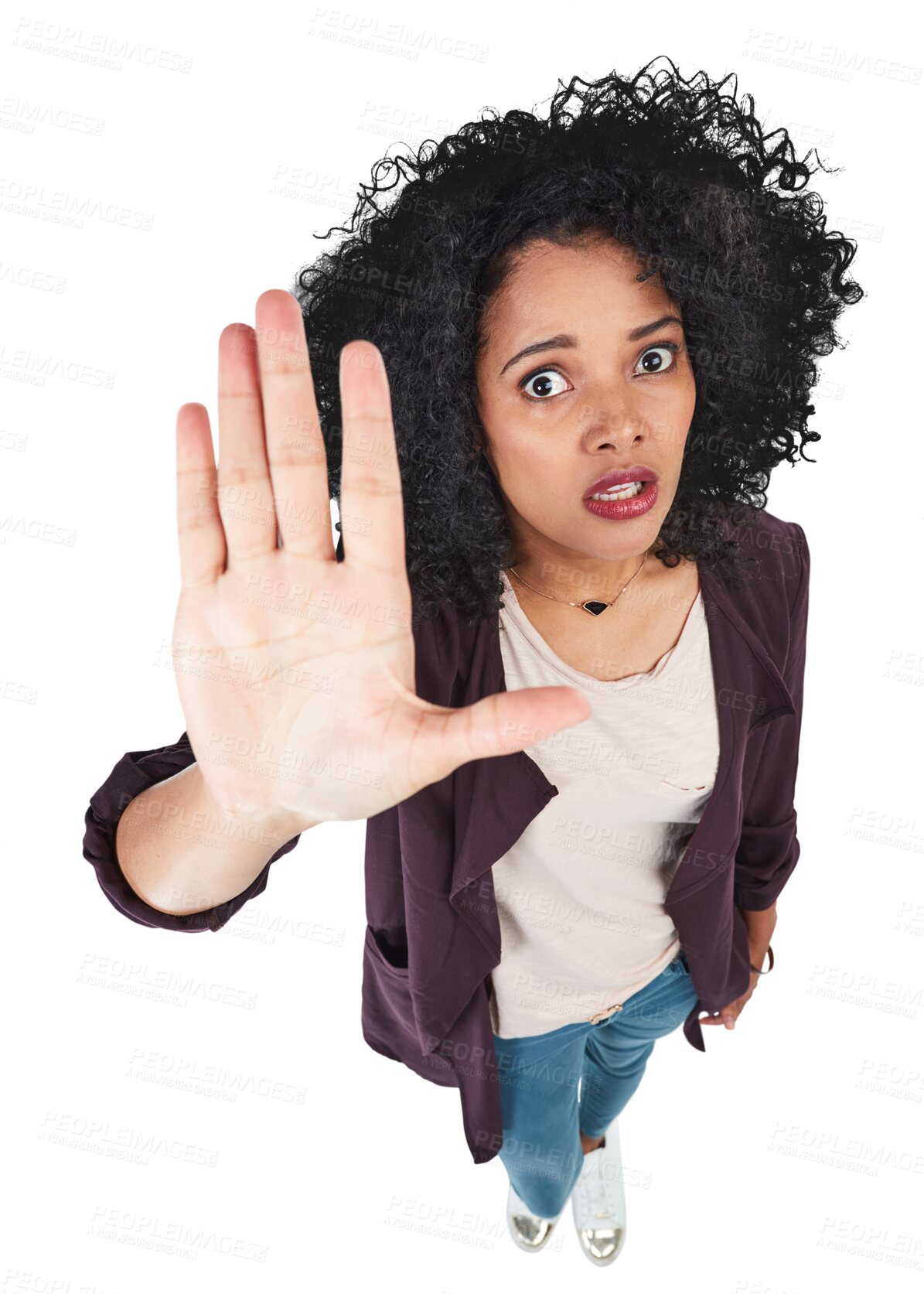 Buy stock photo Stop, hand and portrait of woman with sign on isolated, transparent and png background. Face, palm and female person with emoji for warning, protest or refuse, decline or rejection, no or vote icon